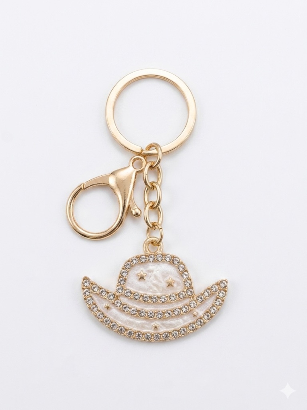 Nicole Gold-tone Crystal Cowboy Hat Keychain with White Enamel
